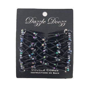 May include: Black hair comb with iridescent beads and the text "Dazzle Doozy Double Combs Instructions on Back".