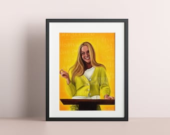May include: A framed illustration of a woman with long blonde hair wearing a yellow cardigan and standing behind a podium. The background is yellow with white chalk writing on it. The writing says "Homwork Read p. 112-127 and p. 142-147" and "Resolv. at 1:00 p.m. Discuss H.W. to 1:30 p.m."