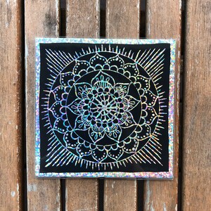 3.5x3.5 Silver Holograph on Black Hand drawn Mandala Magnet in acrylic frame.