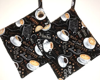 Kitchen Potholders Set of Two, Potholders for Coffee Lovers, Hot Pads with Hanging Loop, Handmade Coffee Themed Set of Two Pot Holders