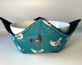 Reversible Microwave Bowl Cozy, Chicken Hen Quilted Soup Bowl Holder, Fun Bowl Hugger, Ice Cream Bowl Carrier, Unique Hostess Gift