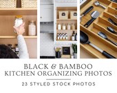 Black & Bamboo Kitchen Organizing Photo Bundle | Styled Stock Photography | Minimalist Kitchen Photos