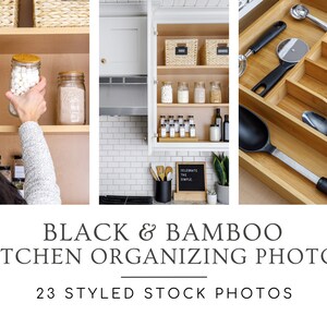 Black & Bamboo Kitchen Organizing Photo Bundle | Styled Stock Photography | Minimalist Kitchen Photos