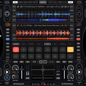 Puede incluir: Una interfaz de consola de mezcla de DJ digital con dos discos de vinilo simulados. La pantalla muestra formas de onda, información de pistas y botones de control. La interfaz incluye el texto "DJ SCRATCH POINT" y títulos de canciones.