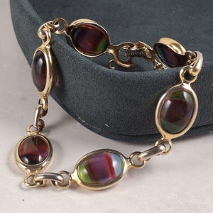 Vintage Sarah Coventry HARMONY Bracelet, 1960s Rainbow Art Glass Cabochon, Gold Tone Signed Jewellery, Mid-Century Modern Gift for Her