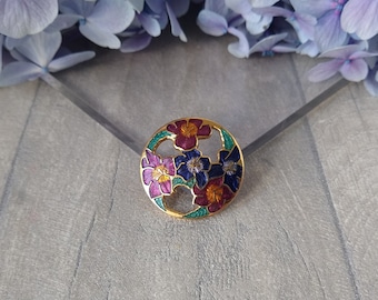 FISH & CROWN Floral Round Brooch Purple Blue Enamel Flowers Small Cloisonné Pin
