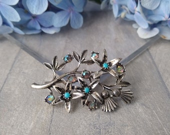 Vintage Thistle Brooch, Scottish Celtic Brooch, Turquoise Blue Aurora Borealis Pin, Elegant Jewellery, Unique gift, Sustainable fashion,