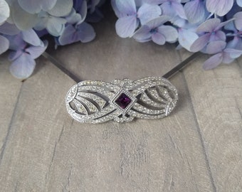 Lady Belgrave Stately Inspired Brooch, Rhinestone Art Nouveau Brooch with Purple centre stone, Stylist Vintage Gift, Gift for Her,