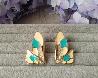 Butterfly Wing Shape Clip-on Earrings, Cyan Blue & Cream Enamel, Retro Enamel Clip-ons, Butterfly clip-on earrings, Non-Pierced