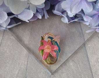 FISH & CROWN Flower Fairy Brooch Lily Pink Blue Enamel Cloisonné Retro Pin