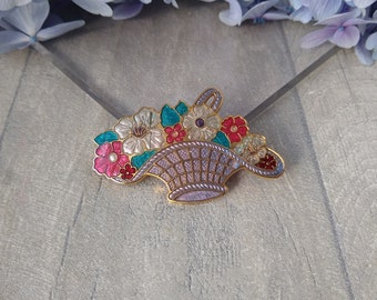 Vintage Flower Basket Brooch, Sea Gems, Enamel Floral Pin, Retro Cottagecore Flower Brooch, Basket of Flowers Pin, Cottagecore Gift