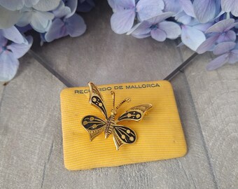 Vintage Butterfly Brooch, Black and Gold Brooch, Damascene Style, Made in Mallorca, Spanish Jewellery, Retro Butterfly Brooch, Retro Gift