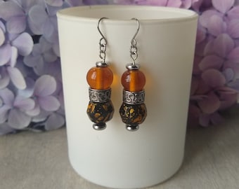 Orange Bead Drop Earrings, Reclaimed Bead Earrings, Repurposed Dangles, Boho Fashion, UK Earrings, Handmade Jewellery, Slow Fashion