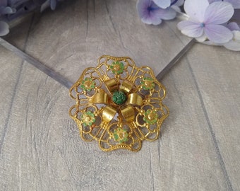 Vintage Filigree Brooch, Gold Tone Flower Pin, Green Enamel Flowers, Classic Brooch, Uk Vintage, Preloved Accessories
