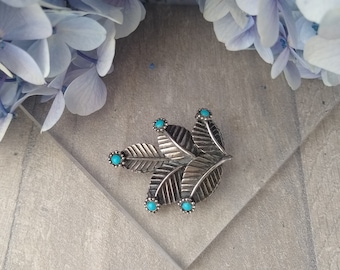 Silver Tone Leaf Brooch Faux Turquoise Vintage Classic Branch Plant Gardener