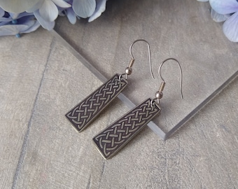 Celtic Knot Panel Drop Earrings Weave Pattern Silver Tone Pre-loved Jewellery