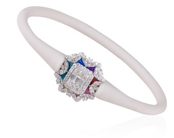 Enamel Diamond Bangle: 14k White Gold Silicone Bracelet