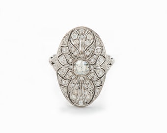 Vintage Rose Cut Diamond Ring: 18K White Gold Art Deco Engagement Ring