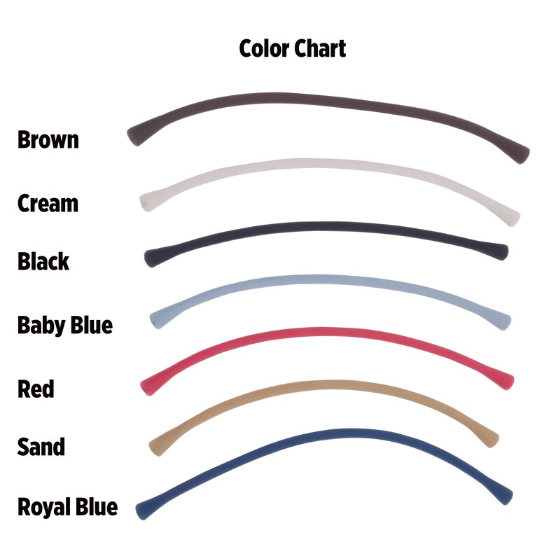 May include: Colour chart showing different colours of elastic cord. The colours are brown, cream, black, baby blue, red, sand, and royal blue.