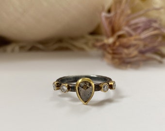 18k Gold & 925 Silver Ring - Natural Diamond Ring - Natural Brown Diamond Ring - Diamond Jewellery - Ancient Style Diamond Ring