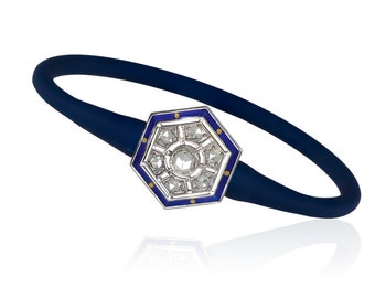 Rose Cut Diamond & Navy Enamel Bangle - 14k White Gold