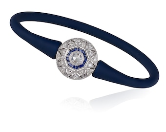 Art Deco Sapphire Diamond Bracelet: 14k White Gold, Royal Blue Silicone