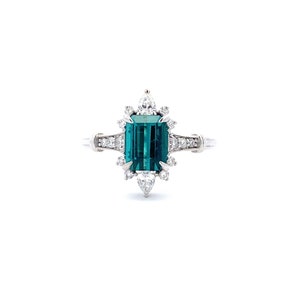 14k White Gold Blue Tourmaline Ring - Art Deco Multi-stone Engagement Ring - Tourmaline Diamond Proposal Ring