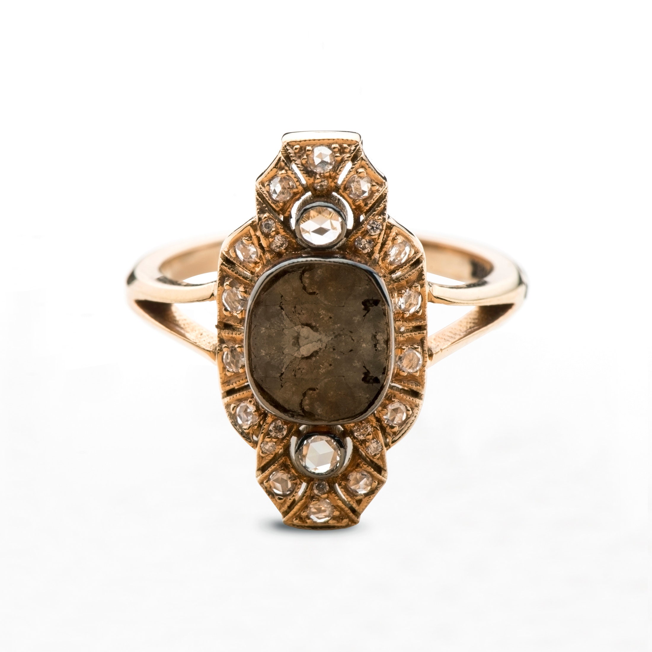 Art Deco 18K Rose Gold Opaque Diamond Engagement Ring