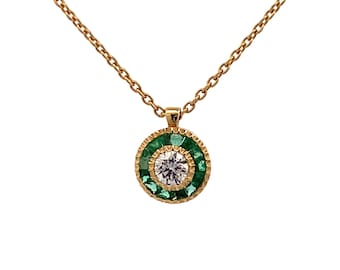 Art Deco Diamond Emerald Necklace: 14k Yellow Gold Vintage Pendant