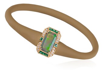 Emerald, Opal & Diamond Bangle: 14k Rose Gold Sand Silicone Bracelet