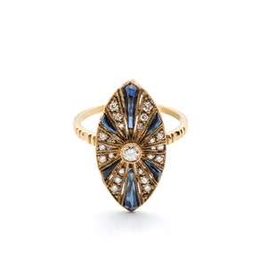 Antieke saffier en diamanten ring - 18 kt gouden saffier verlovingsring - art deco trouwring saffier - bruidsring saffier en diamant