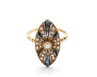 Antique Rose Cut Diamond & Sapphire 18K Gold Ring - Art Deco Bridal Ring