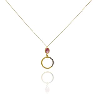 Oval Quartz Diamond Pendant Necklace: 14K Yellow Gold Chain