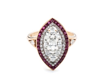Antique 18K Rose Gold Marquise Diamond and Ruby Ring