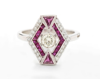 Art Deco Ruby Diamond Ring: 18K White Gold Engagement Ring