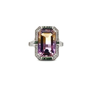 14k White Gold Bicolor Ametrine - Amterine Diamond Garnet Ring - Art Deco Ametrine Ring - Multi-Stone Ametrine Proposal Ring