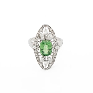 Tsavorite Garnet and Diamond Ring - 18K White Gold Diamond And Tsavorite Garnet Engagement Ring - Women Antique Bridal Ring