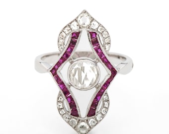 Art Deco 18K White Gold Ring: Rose Cut Diamond & Ruby Engagement Ring