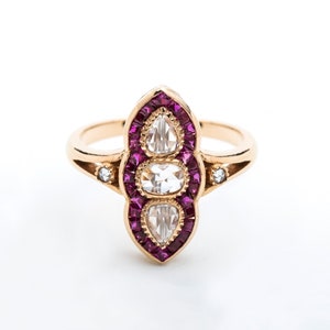 Calibre Cut Rubies And Antique Rose Cut Diamond Ring  - 18K Rose Gold Ruby And Diamond Engagement Ring - Art Deco Antique Ruby Bridal Ring