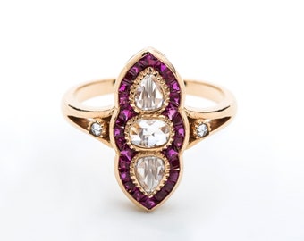 Art Deco 18K Rose Gold Ruby and Antique Rose Cut Diamond Ring