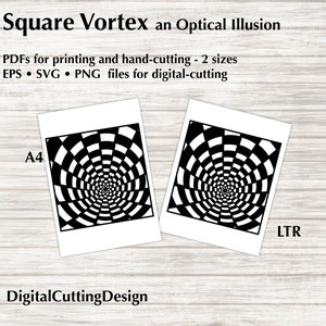 Puede incluir: Diseño de ilusión óptica en blanco y negro de un vórtice cuadrado. El diseño está disponible en dos tamaños, A4 y Carta. La imagen incluye el texto "Square Vortex an Optical Illusion" y "PDFs for printing and hand-cutting - 2 sizes EPS SVG PNG files for digital-cutting".