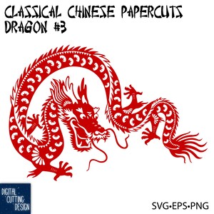 Puede incluir: Un diseño de papel recortado rojo de un dragón chino. El dragón está enroscado en un círculo con la cabeza mirando al espectador. El dragón está detallado con escamas y garras. El texto "CLASSICAL CHINESE PAPERCUTS DRAGON #3" está en la parte superior de la imagen.