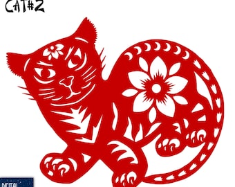 Diseño de gato chino de papel cortado: Archivos vectoriales redimensionables (SVG, EPS, PNG) (Descarga digital)