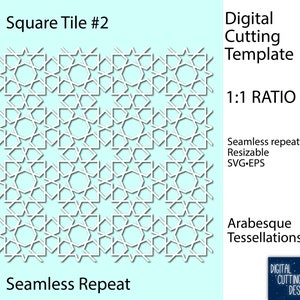 May include: A digital cutting template featuring a square tile with a repeating geometric pattern of white stars and octagons on a light blue background. The text "Square Tile #2" is at the top of the tile and "Seamless Repeat" is at the bottom. The text "Digital Cutting Template", "1:1 RATIO", "Seamless repeat", "Resizable", "SVG-EPS", "Arabesque Tessellations", and "DIGITAL CUTTING DESIGN" is on the right side of the tile.