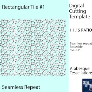 Może przedstawiać: Cyfrowy szablon do cięcia z białym geometrycznym wzorem na jasnoniebieskim tle. Wzór jest bezszwowy i oznaczony jako "Rectangular Tile #1". Szablon jest skalowalny i dostępny w formatach SVG i EPS. Tekst "1:1.15 RATIO" jest również dołączony.