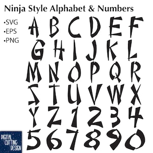 Buchstaben und Zahlen im Ninja-Stil, Alphabet SVG für Cricut, Silhouette, Buchstaben-Svg, Eps, Png