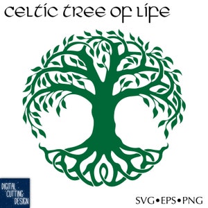 May include: A green Celtic tree of life design with intricate roots and branches. The tree is stylized and has a circular shape.