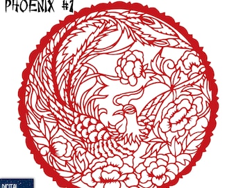 Fénix chino con peonía cortada en papel: patrón tradicional (SVG, EPS y PNG) (descarga digital)