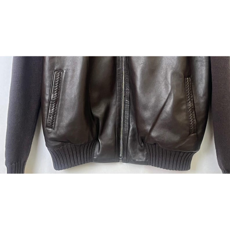 Germano Ghergo Italian Butter Soft Black Leather Jacket Woven Wool Sleeves 54 image 5