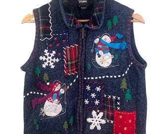 VTG Studio Joy Blue Patchwork Embroidered Snowmen Ugly Christmas Sweater Vest PL